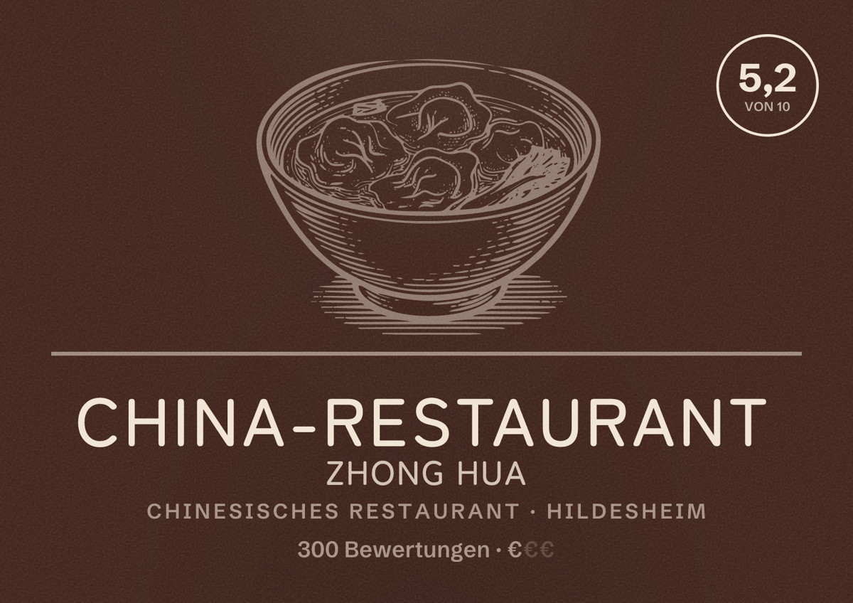 Illustriertes Poster von China-Restaurant Zhong Hua, Chinesisches Restaurant in Hildesheim: Bewertung 5,2 von 10 aus 300 Bewertungen, Preisniveau €
