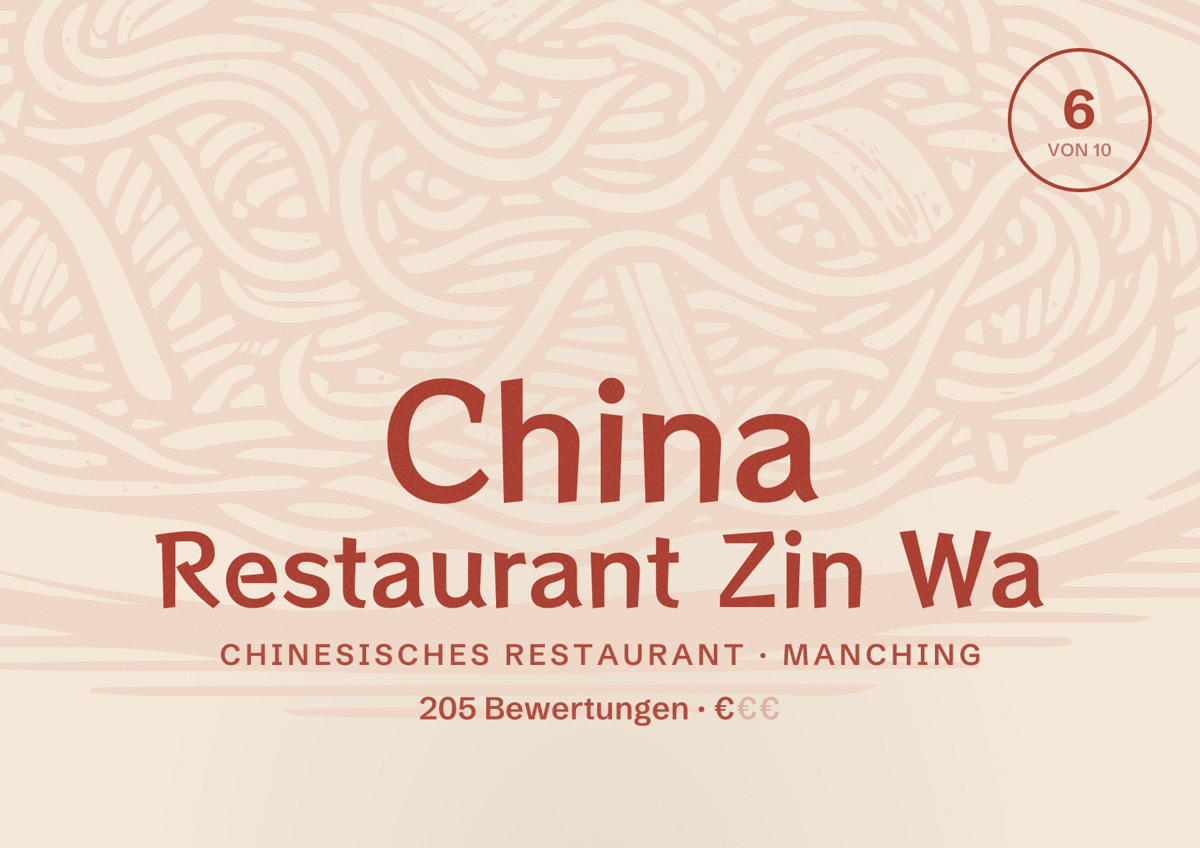 Illustriertes Poster von China Restaurant Zin Wa, Chinesisches Restaurant in Manching: Bewertung 6 von 10 aus 205 Bewertungen, Preisniveau €
