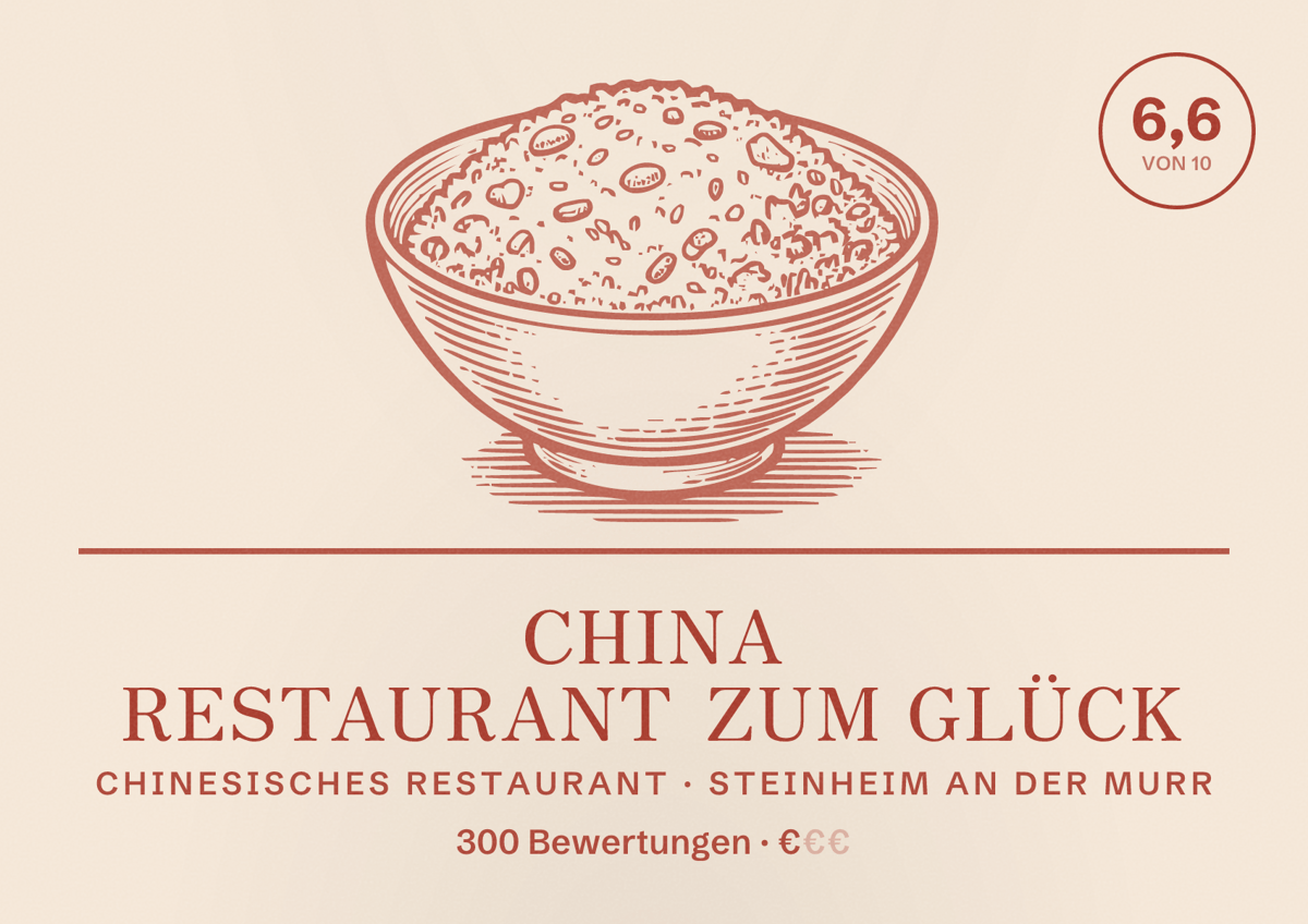 Illustriertes Poster von China Restaurant Zum Glück, Chinesisches Restaurant in Steinheim an der Murr: Bewertung 6,6 von 10 aus 300 Bewertungen, Preisniveau €
