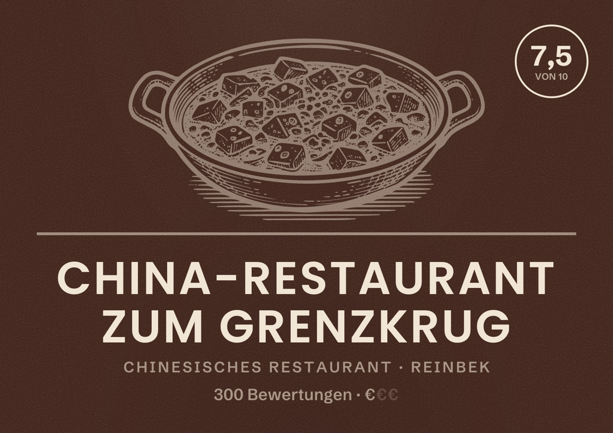 Illustriertes Poster von China-Restaurant Zum Grenzkrug, Chinesisches Restaurant in Reinbek: Bewertung 7,5 von 10 aus 300 Bewertungen, Preisniveau €