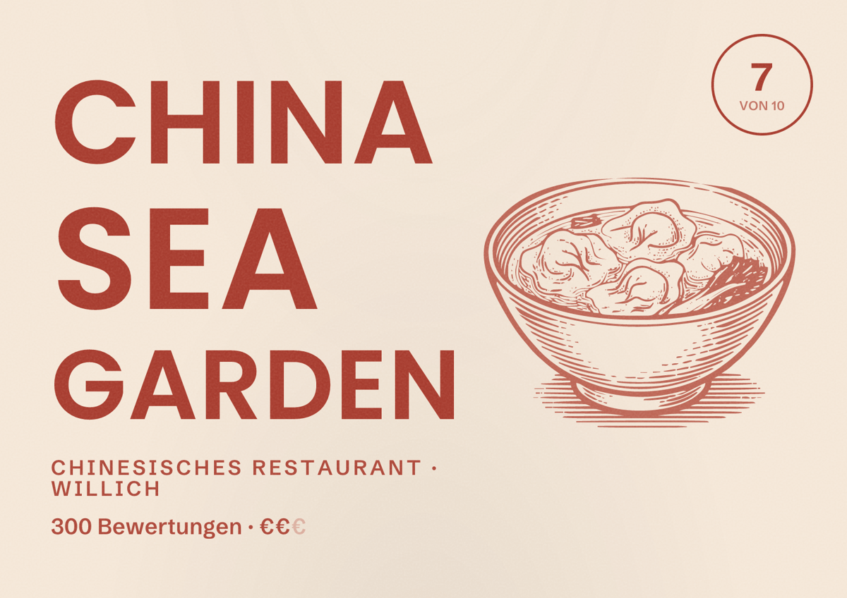 Illustriertes Poster von China Sea Garden, Chinesisches Restaurant in Willich: Bewertung 7 von 10 aus 300 Bewertungen, Preisniveau €€