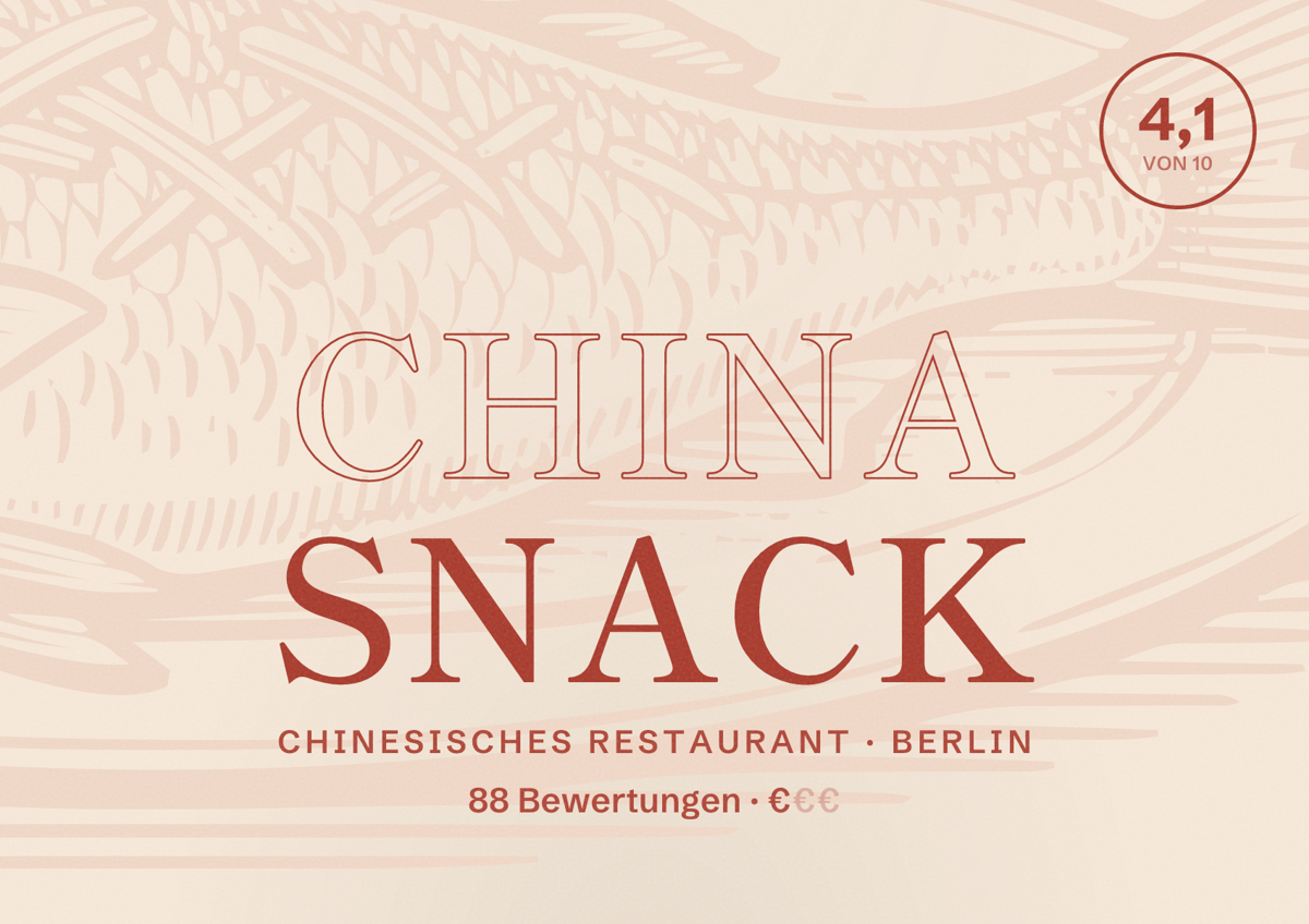 Illustriertes Poster von China Snack, Chinesisches Restaurant in Berlin: Bewertung 4,1 von 10 aus 88 Bewertungen, Preisniveau €