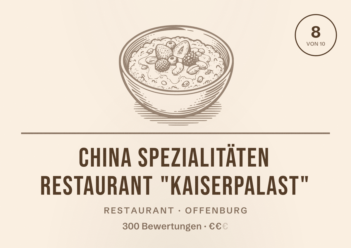 Illustriertes Poster von China Spezialitäten Restaurant "Kaiserpalast", Restaurant in Offenburg: Bewertung 8 von 10 aus 300 Bewertungen, Preisniveau €€