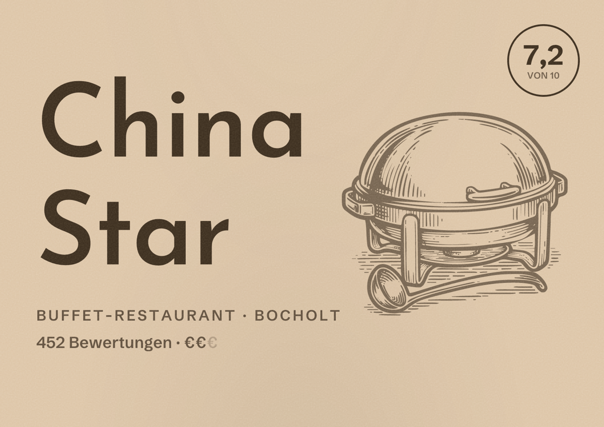 Illustriertes Poster von China Star, Buffet-Restaurant in Bocholt: Gästebewertung 7,2 von 10 aus 452 Bewertungen