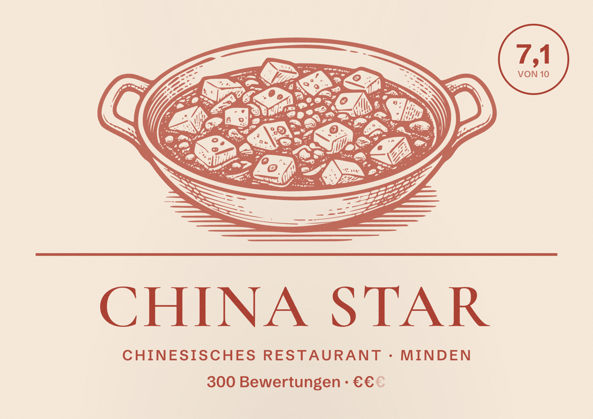 Illustriertes Poster von China Star, Chinesisches Restaurant in Minden: Bewertung 7,1 von 10 aus 300 Bewertungen, Preisniveau €€