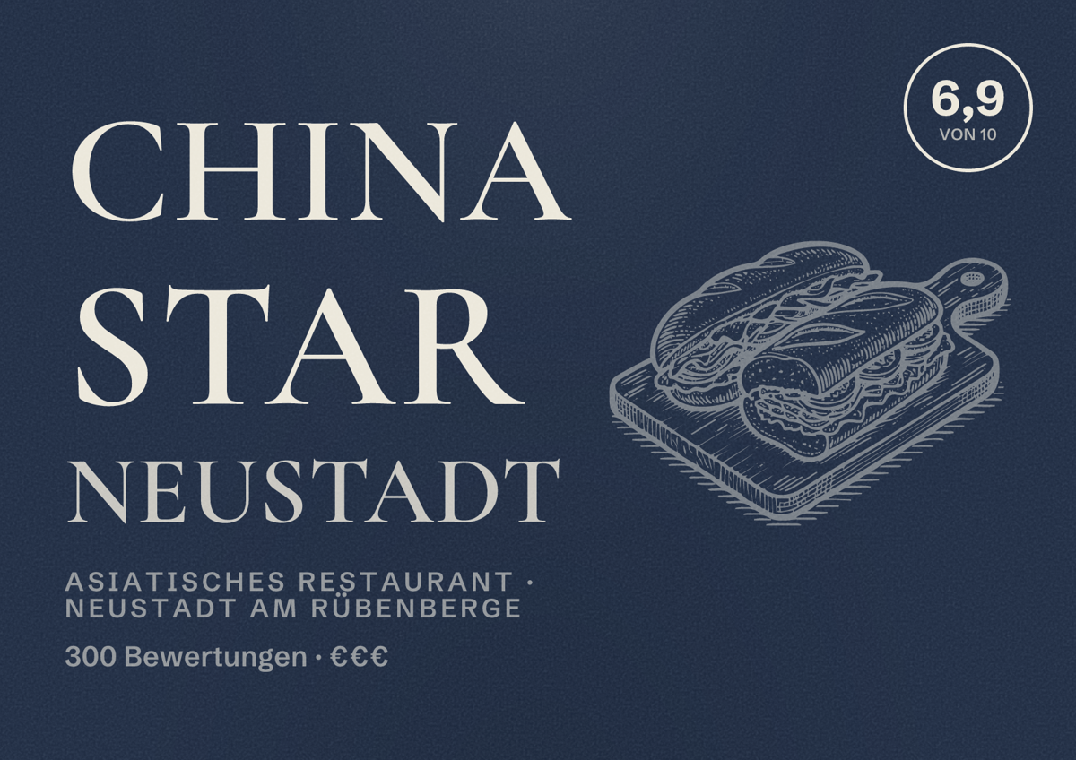 Illustriertes Poster von China Star Neustadt, Asiatisches Restaurant in Neustadt am Rübenberge: Bewertung 6,9 von 10 aus 300 Bewertungen, Preisniveau €€€