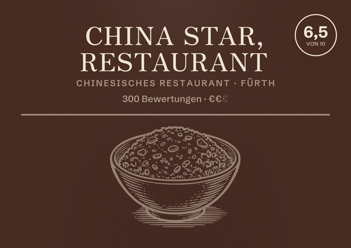 Illustriertes Poster von China Star, Restaurant, Chinesisches Restaurant in Fürth: Bewertung 6,5 von 10 aus 300 Bewertungen, Preisniveau €€