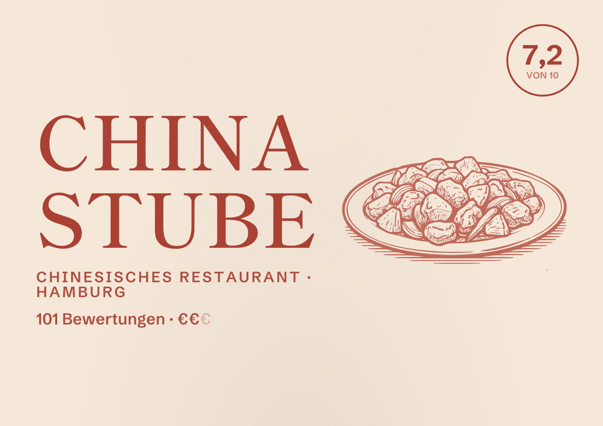 Illustriertes Poster von China Stube, Chinesisches Restaurant in Hamburg: Bewertung 7,2 von 10 aus 101 Bewertungen, Preisniveau €€