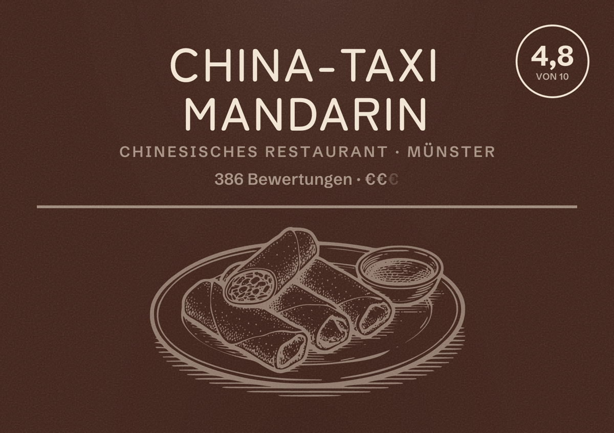 Illustriertes Poster von China-Taxi Mandarin, Chinesisches Restaurant in Münster: Bewertung 4,8 von 10 aus 386 Bewertungen, Preisniveau €€