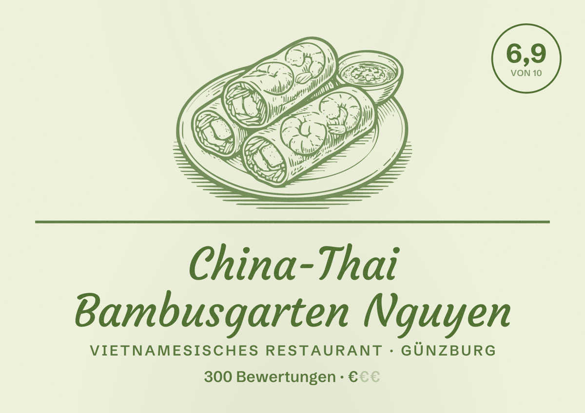 Illustriertes Poster von China-Thai Bambusgarten Nguyen, Vietnamesisches Restaurant in Günzburg: Bewertung 6,9 von 10 aus 300 Bewertungen, Preisniveau €