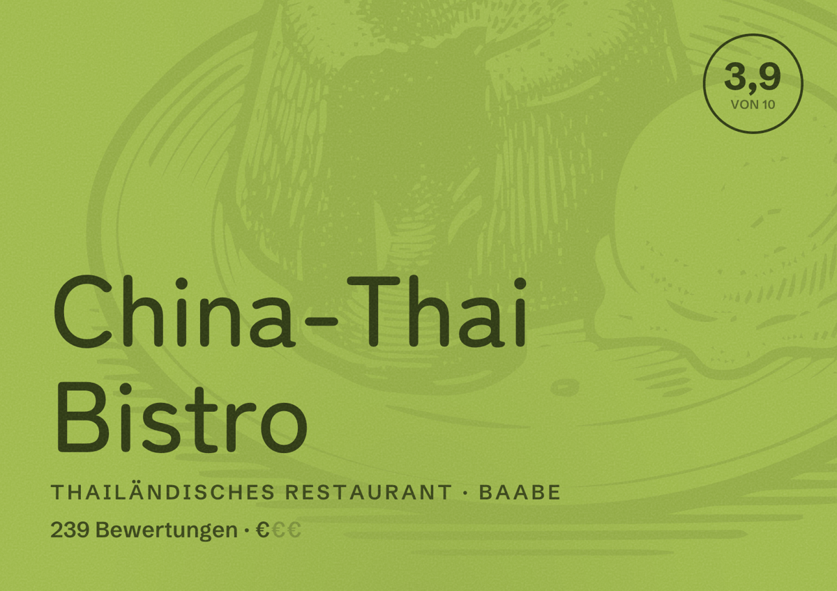 Illustriertes Poster von China-Thai Bistro, Thailändisches Restaurant in Baabe: Bewertung 3,9 von 10 aus 239 Bewertungen, Preisniveau €