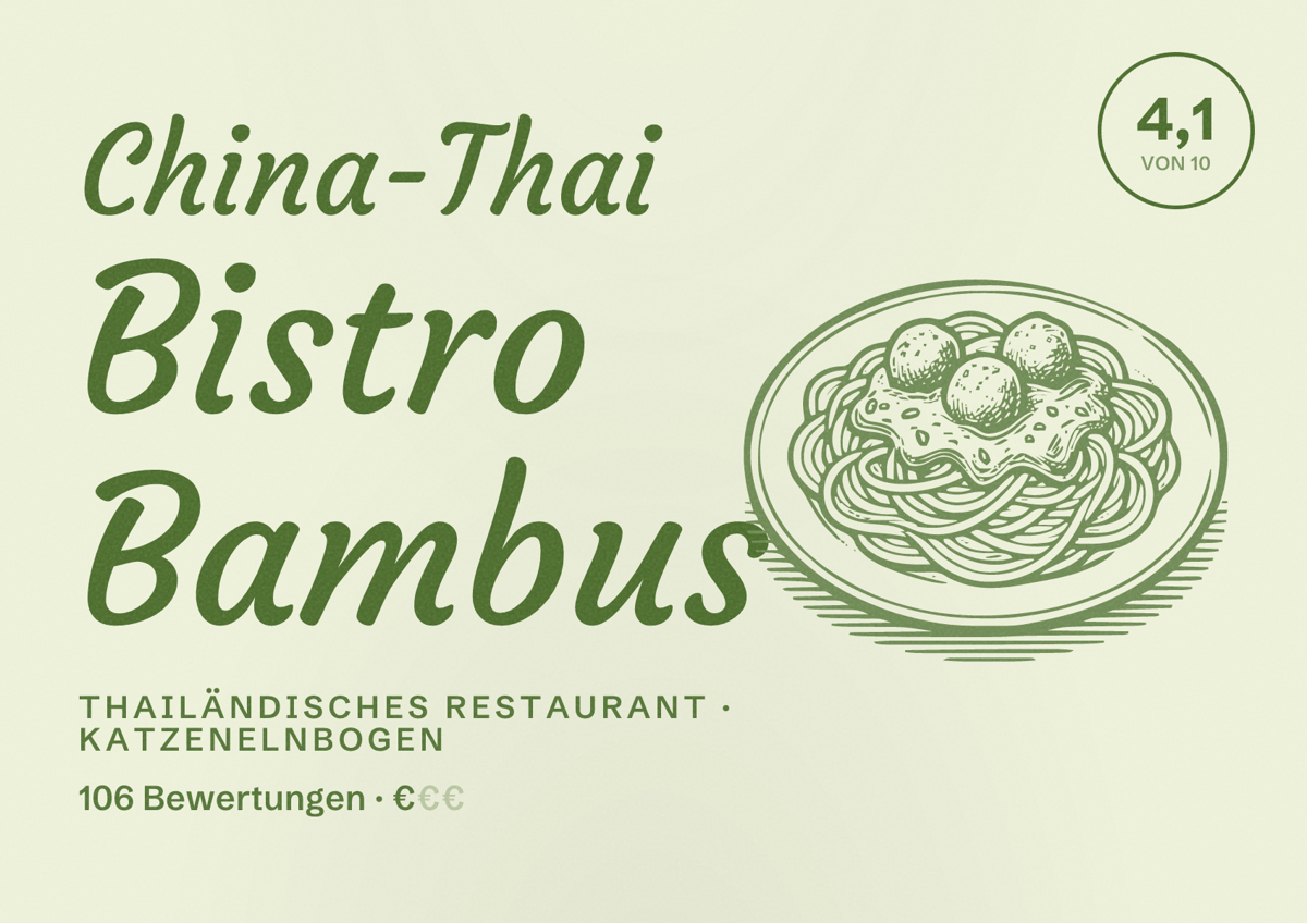 Illustriertes Poster von China-Thai Bistro Bambus, Thailändisches Restaurant in Katzenelnbogen: Bewertung 4,1 von 10 aus 106 Bewertungen, Preisniveau €
