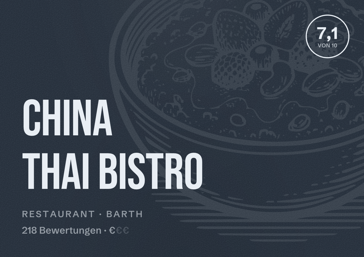 Illustriertes Poster von China Thai Bistro, Restaurant in Barth: Bewertung 7,1 von 10 aus 218 Bewertungen, Preisniveau €