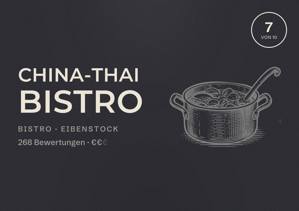 Illustriertes Poster von China-Thai Bistro, Bistro in Eibenstock: Bewertung 7 von 10 aus 268 Bewertungen, Preisniveau €€