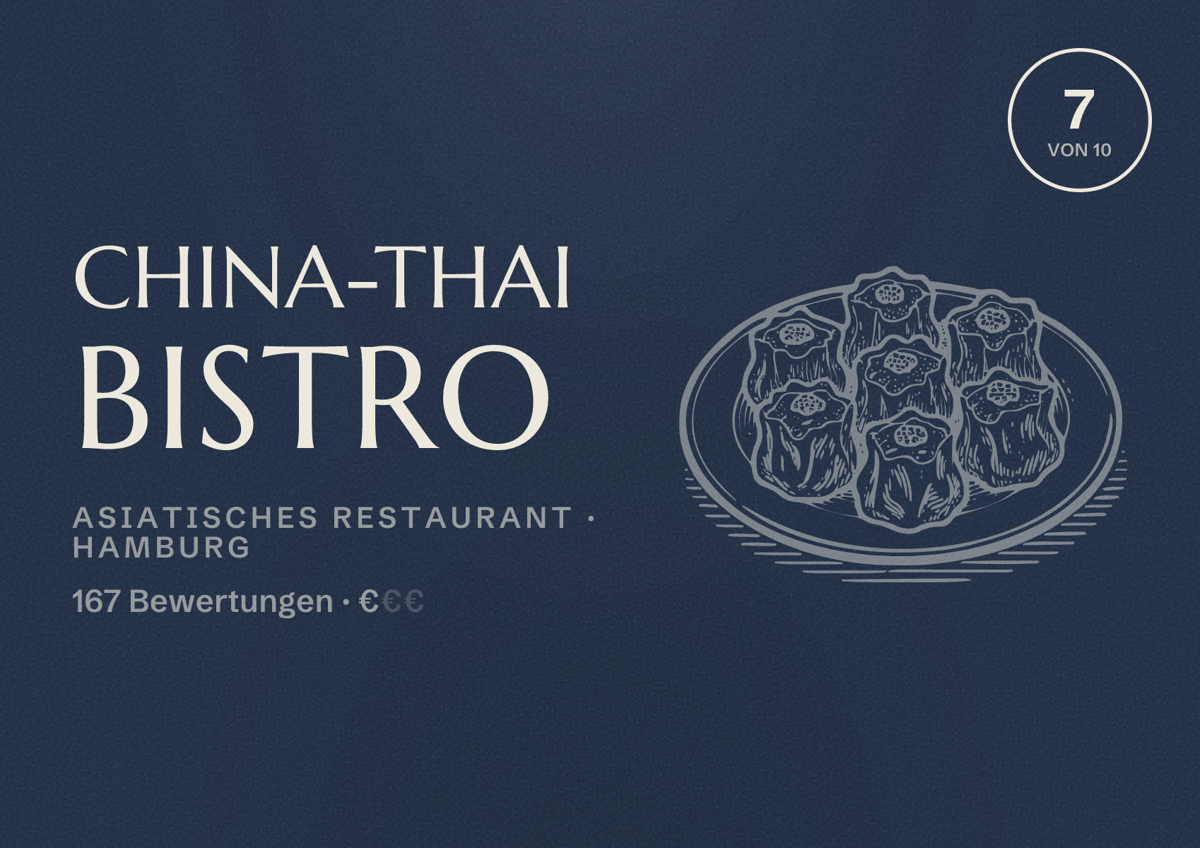 Illustriertes Poster von China-Thai Bistro, Asiatisches Restaurant in Hamburg: Bewertung 7 von 10 aus 167 Bewertungen, Preisniveau €