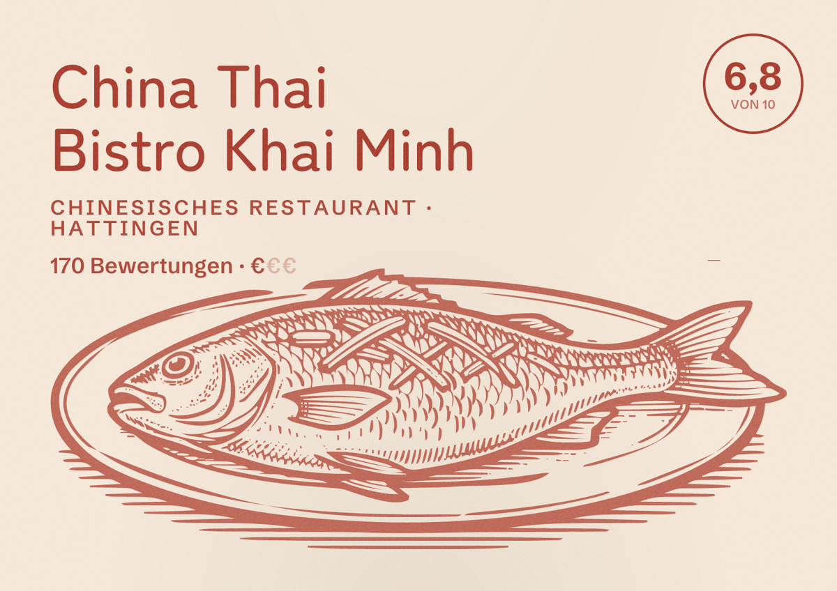 Illustriertes Poster von China Thai Bistro Khai Minh, Chinesisches Restaurant in Hattingen: Bewertung 6,8 von 10 aus 170 Bewertungen, Preisniveau €