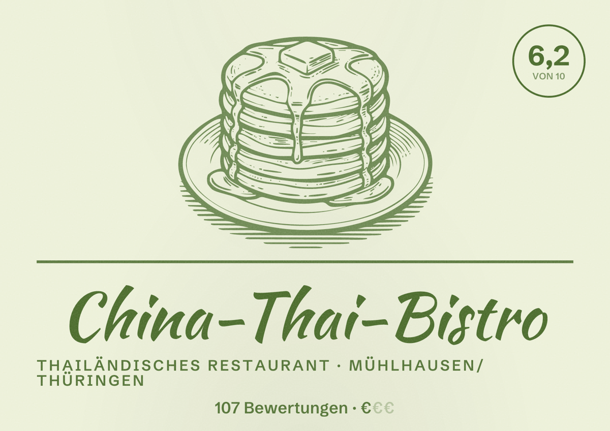 Illustriertes Poster von China-Thai-Bistro, Thailändisches Restaurant in Mühlhausen/Thüringen: Bewertung 6,2 von 10 aus 107 Bewertungen, Preisniveau €