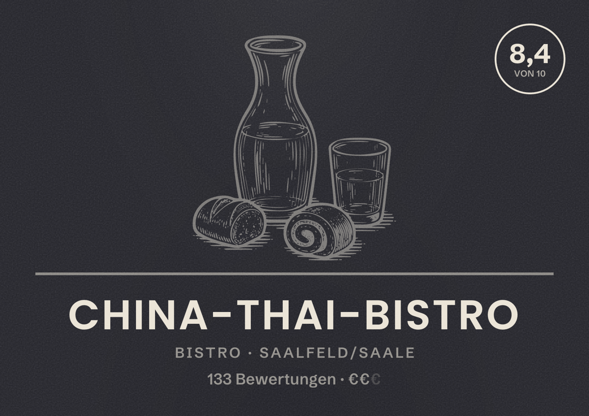 Illustriertes Poster von China-Thai-Bistro, Bistro in Saalfeld/Saale: Bewertung 8,4 von 10 aus 133 Bewertungen, Preisniveau €€