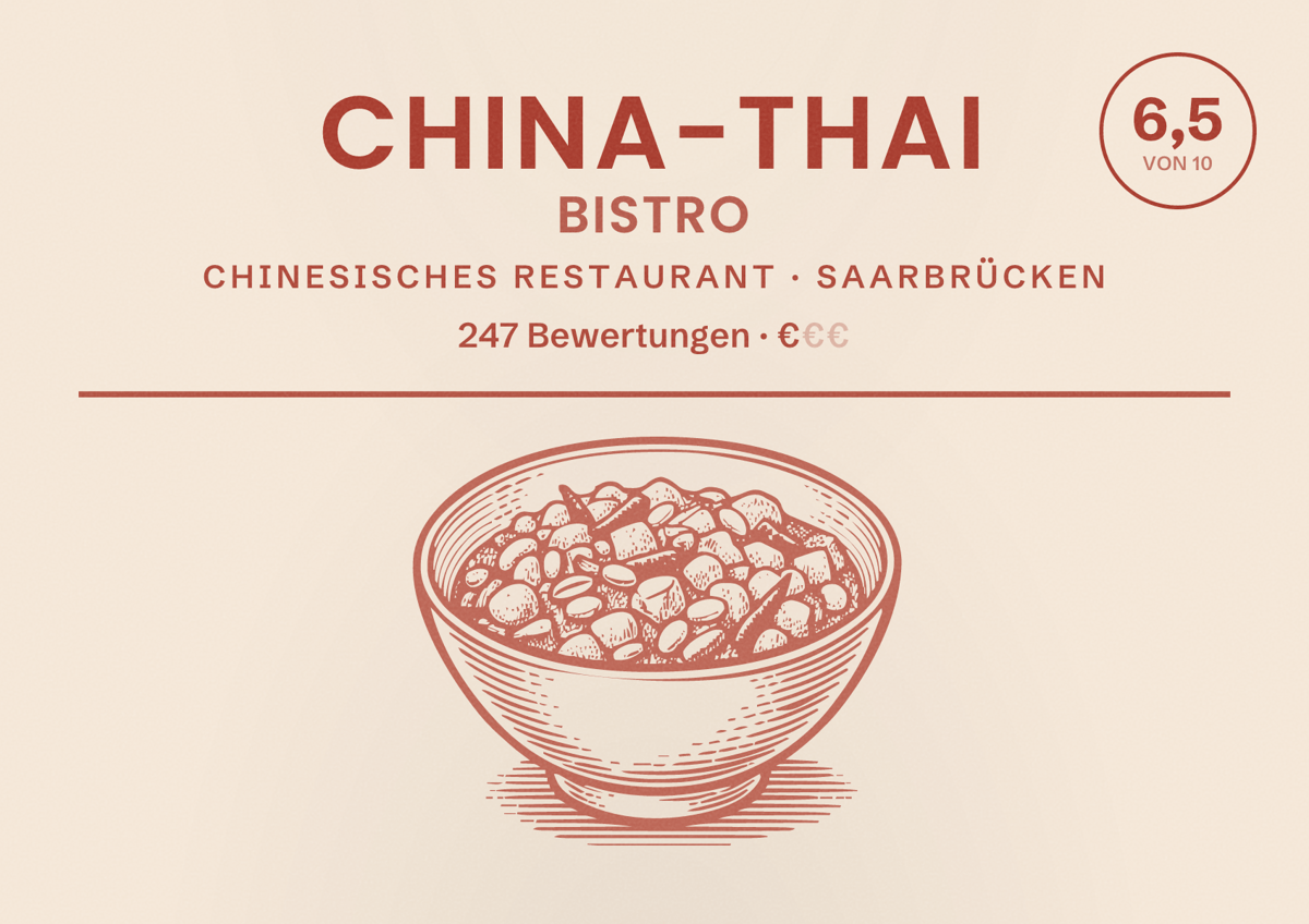 Illustriertes Poster von China-Thai Bistro, Chinesisches Restaurant in Saarbrücken: Bewertung 6,5 von 10 aus 247 Bewertungen, Preisniveau €