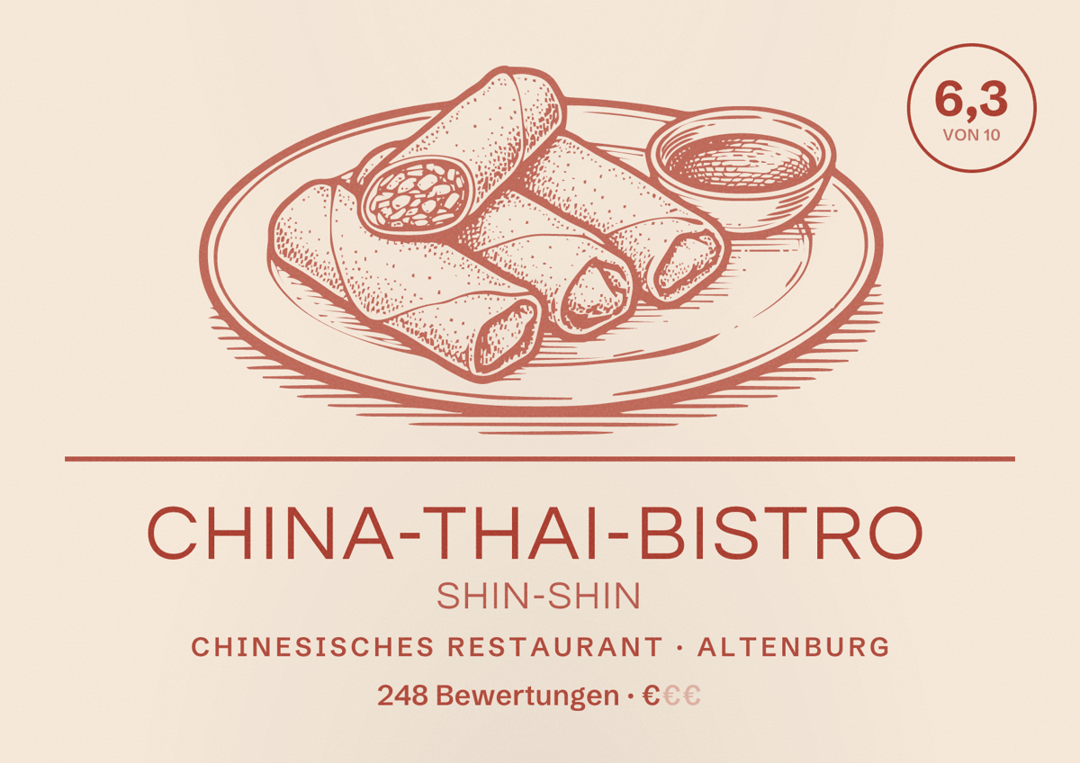 Illustriertes Poster von China-Thai-Bistro Shin-Shin, Chinesisches Restaurant in Altenburg: Bewertung 6,3 von 10 aus 248 Bewertungen, Preisniveau €