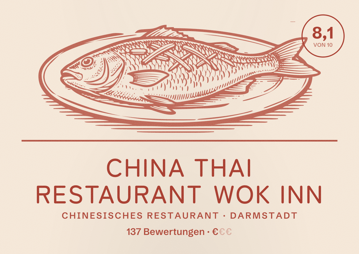 Illustriertes Poster von China Thai Restaurant Wok Inn, Chinesisches Restaurant in Darmstadt: Bewertung 8,1 von 10 aus 137 Bewertungen, Preisniveau €