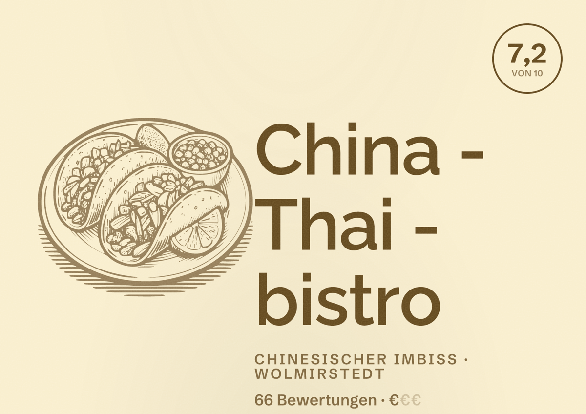 Illustriertes Poster von China - Thai - bistro, Chinesischer Imbiss in Wolmirstedt: Bewertung 7,2 von 10 aus 66 Bewertungen, Preisniveau €