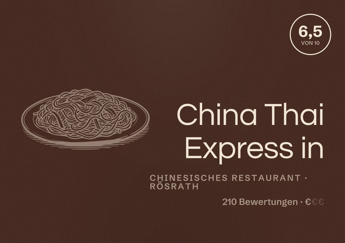 Illustriertes Poster von China Thai Express in, Chinesisches Restaurant in Rösrath: Bewertung 6,5 von 10 aus 210 Bewertungen, Preisniveau €