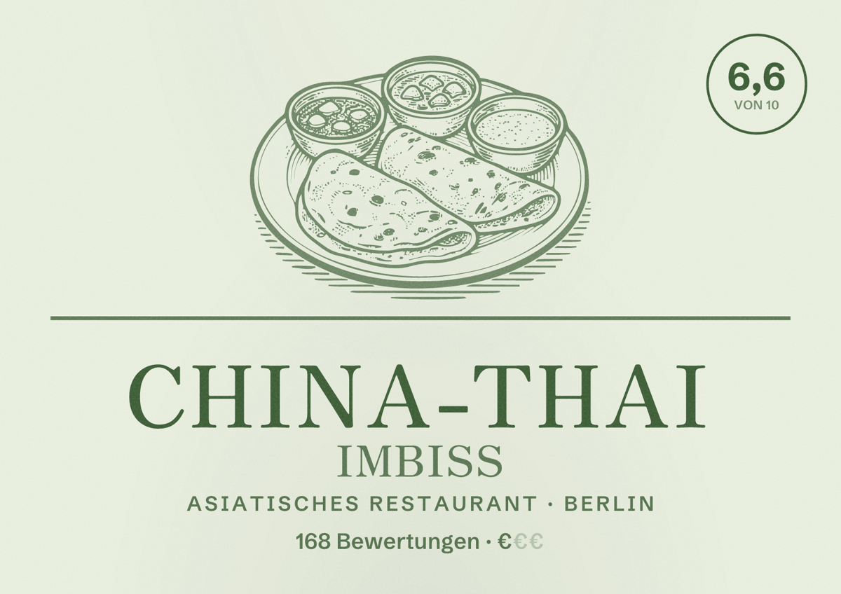 Illustriertes Poster von China-Thai Imbiss, Asiatisches Restaurant in Berlin: Bewertung 6,6 von 10 aus 168 Bewertungen, Preisniveau €
