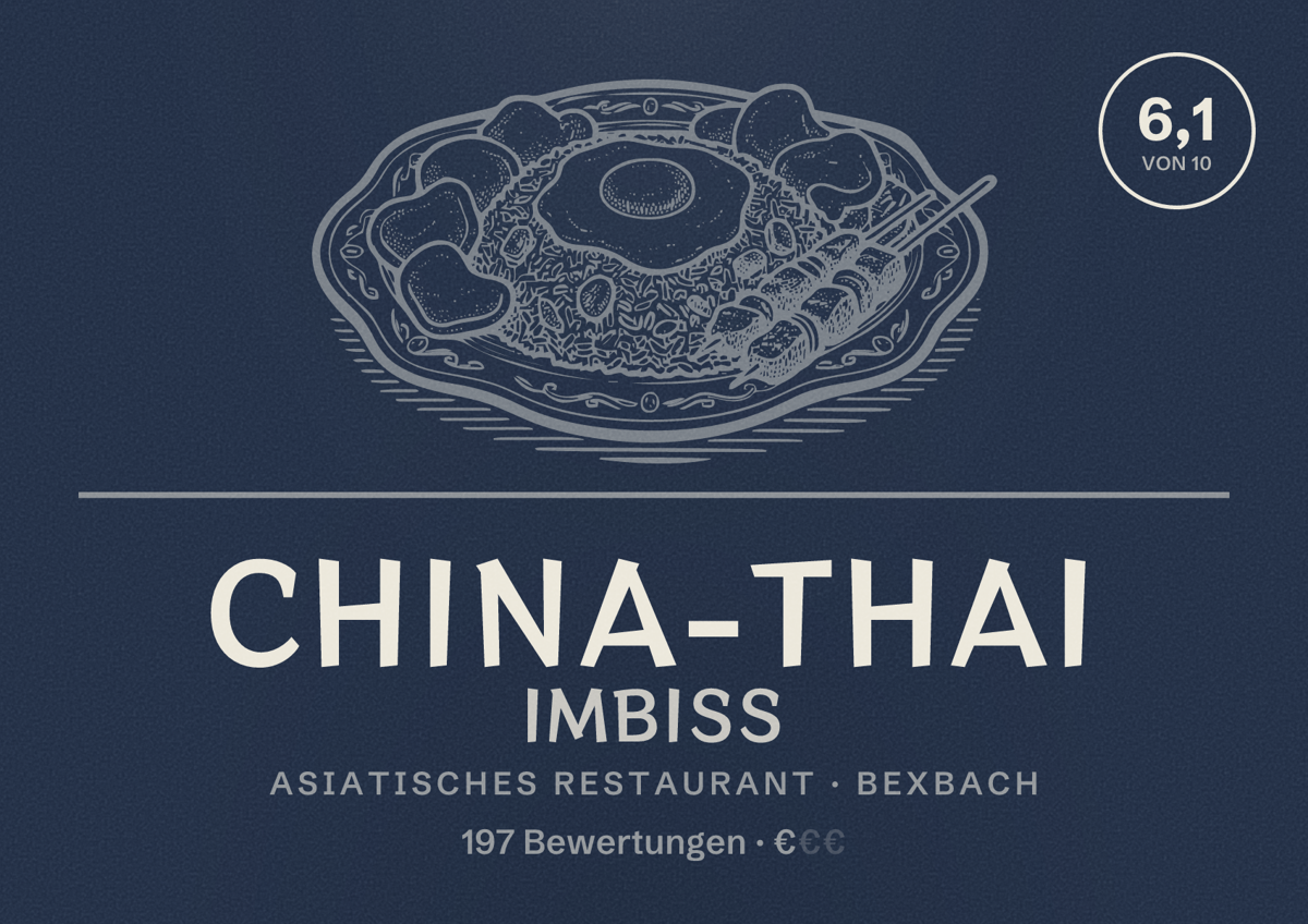 Illustriertes Poster von China-Thai Imbiss, Asiatisches Restaurant in Bexbach: Bewertung 6,1 von 10 aus 197 Bewertungen, Preisniveau €