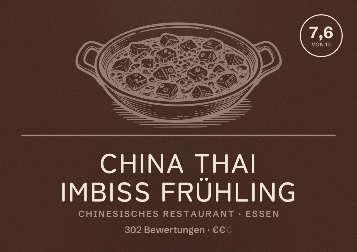 Illustriertes Poster von China Thai Imbiss Frühling, Chinesisches Restaurant in Essen: Bewertung 7,6 von 10 aus 302 Bewertungen, Preisniveau €€