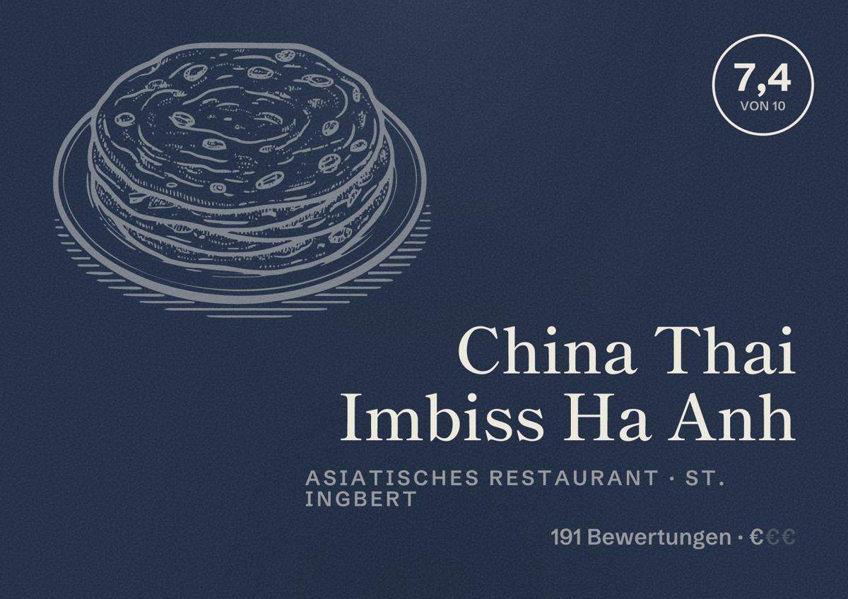 Illustriertes Poster von China Thai Imbiss Ha Anh, Asiatisches Restaurant in St. Ingbert: Bewertung 7,4 von 10 aus 191 Bewertungen, Preisniveau €