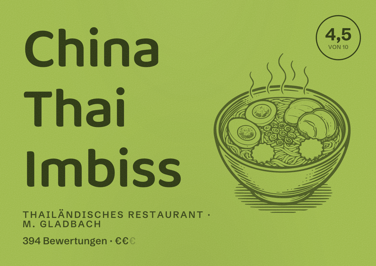 Illustriertes Poster von China Thai Imbiss, Thailändisches Restaurant in M. Gladbach: Bewertung 4,5 von 10 aus 394 Bewertungen, Preisniveau €€