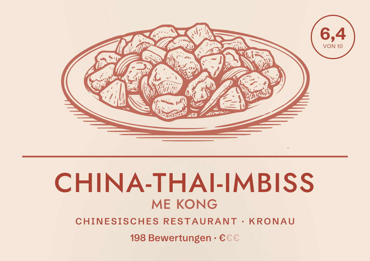 Illustriertes Poster von China-Thai-Imbiss Me Kong, Chinesisches Restaurant in Kronau: Bewertung 6,4 von 10 aus 198 Bewertungen, Preisniveau €