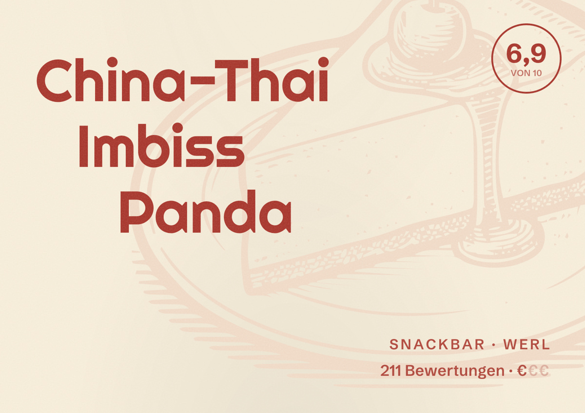 Illustriertes Poster von China-Thai Imbiss Panda, Snackbar in Werl: Bewertung 6,9 von 10 aus 211 Bewertungen, Preisniveau €