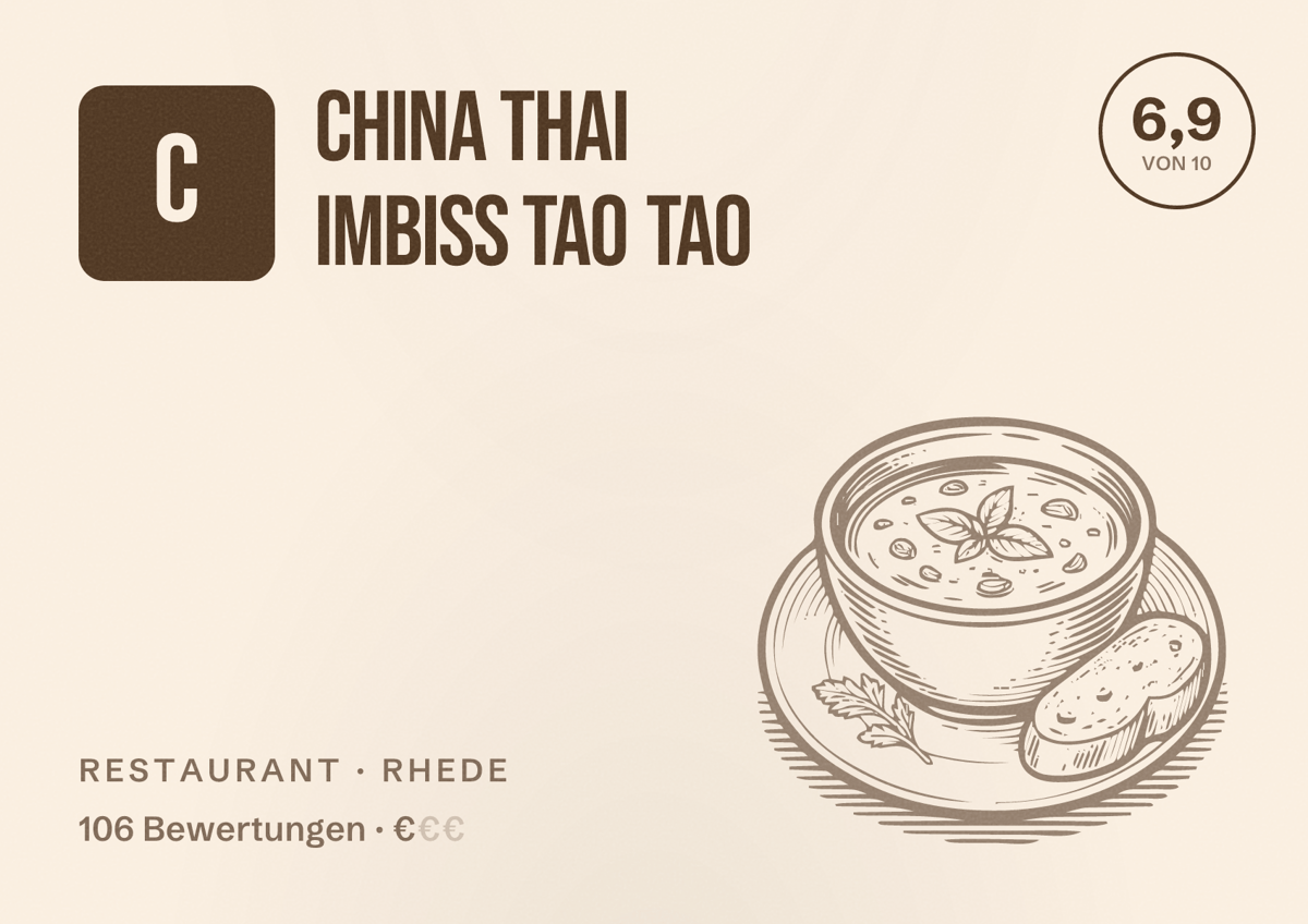 Illustriertes Poster von China Thai Imbiss TAO TAO, Restaurant in Rhede: Bewertung 6,9 von 10 aus 106 Bewertungen, Preisniveau €