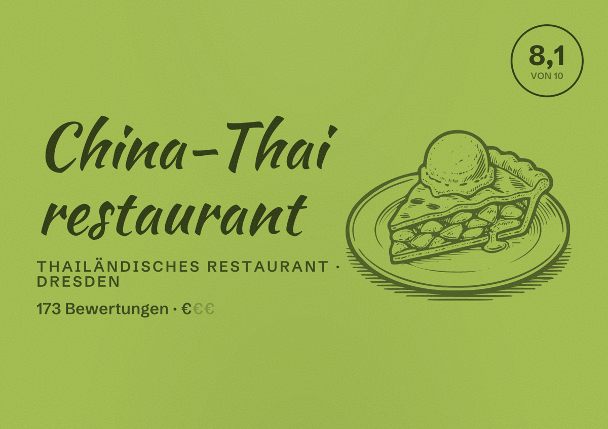 Illustriertes Poster von China-Thai restaurant, Thailändisches Restaurant in Dresden: Bewertung 8,1 von 10 aus 173 Bewertungen, Preisniveau €