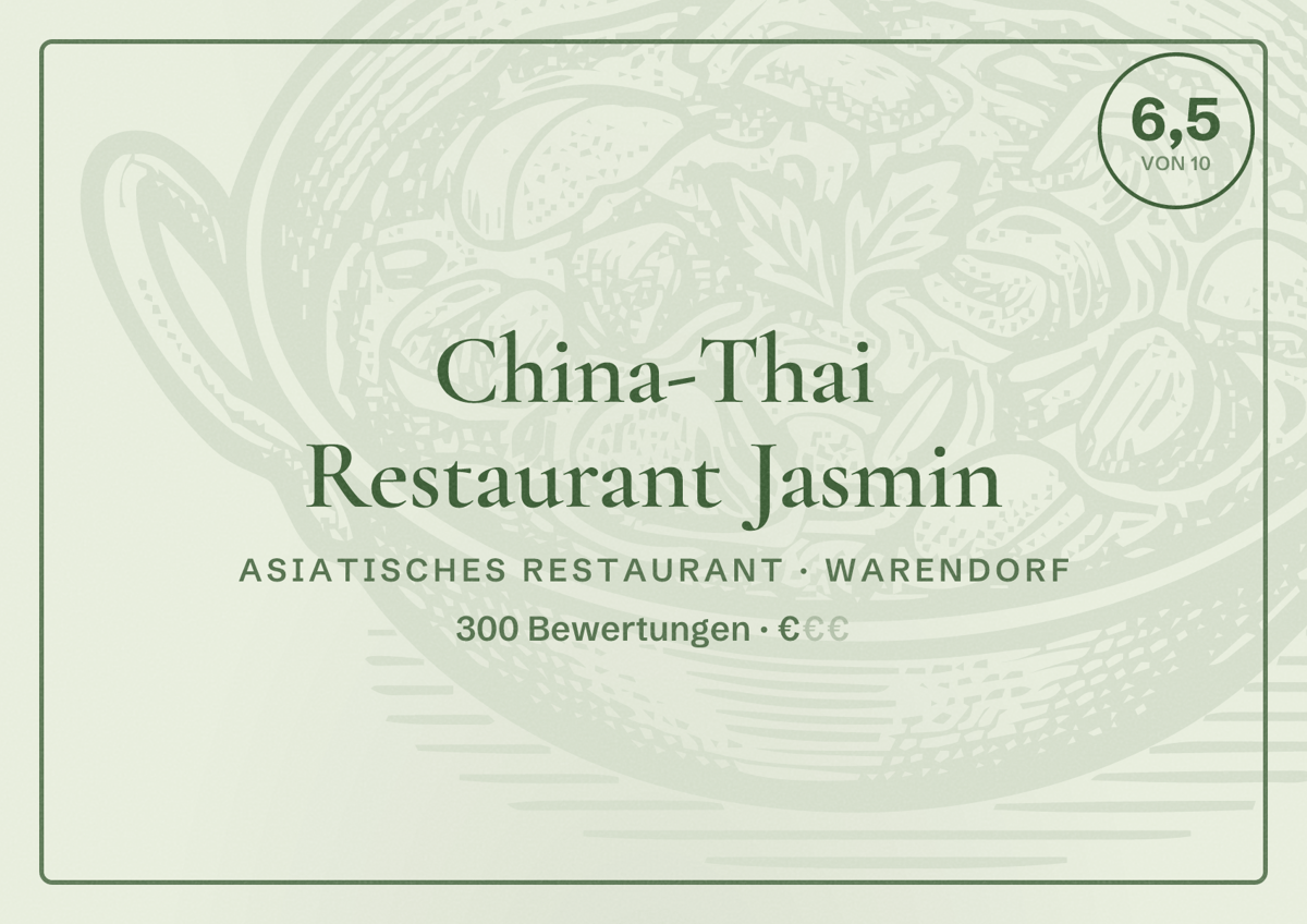 Illustriertes Poster von China-Thai Restaurant Jasmin, Asiatisches Restaurant in Warendorf: Bewertung 6,5 von 10 aus 300 Bewertungen, Preisniveau €