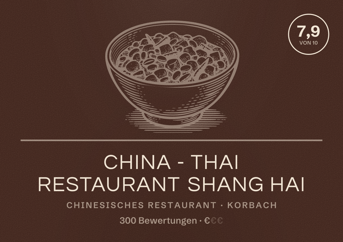 Illustriertes Poster von China - Thai Restaurant Shang Hai, Chinesisches Restaurant in Korbach: Bewertung 7,9 von 10 aus 300 Bewertungen, Preisniveau €