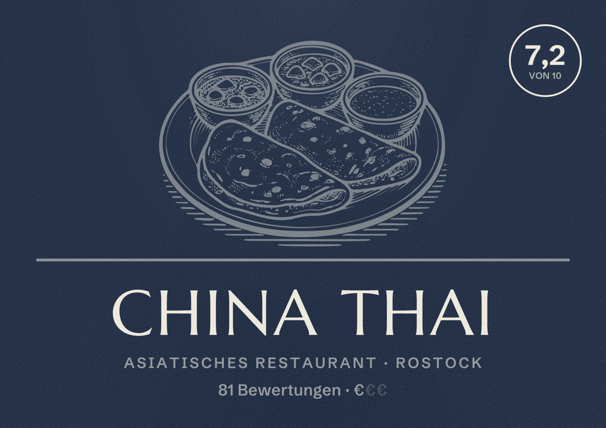 Illustriertes Poster von China Thai, Asiatisches Restaurant in Rostock: Bewertung 7,2 von 10 aus 81 Bewertungen, Preisniveau €