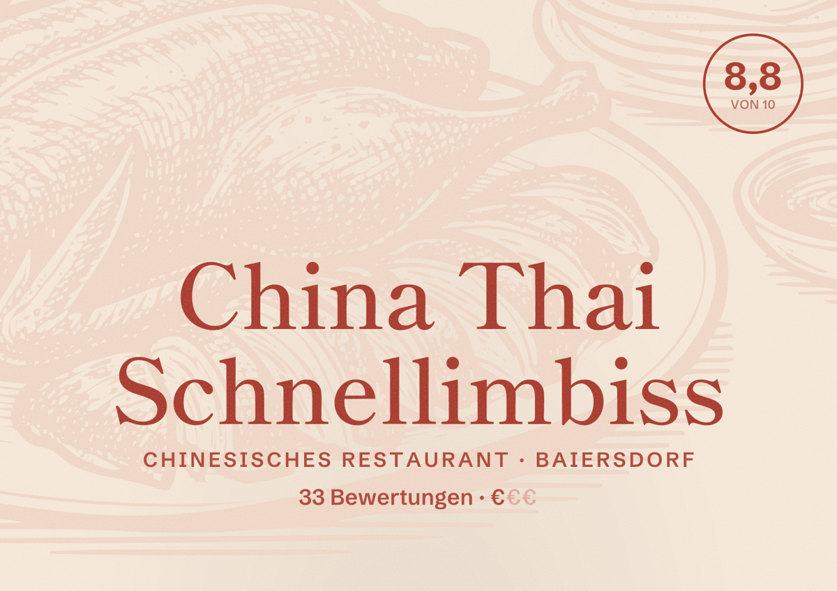 Illustriertes Poster von China Thai Schnellimbiss, Chinesisches Restaurant in Baiersdorf: Bewertung 8,8 von 10 aus 33 Bewertungen, Preisniveau €