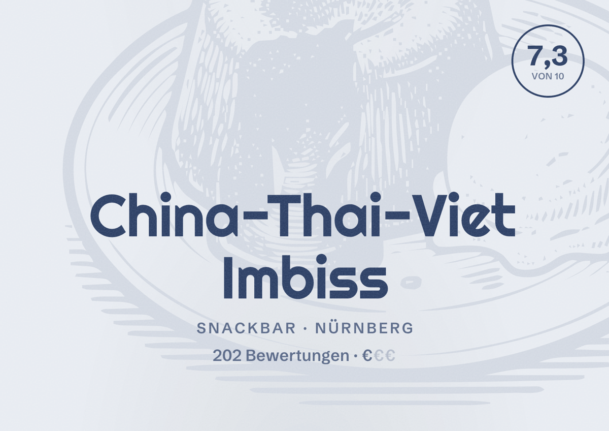 Illustriertes Poster von China-Thai-Viet Imbiss, Snackbar in Nürnberg: Bewertung 7,3 von 10 aus 202 Bewertungen, Preisniveau €