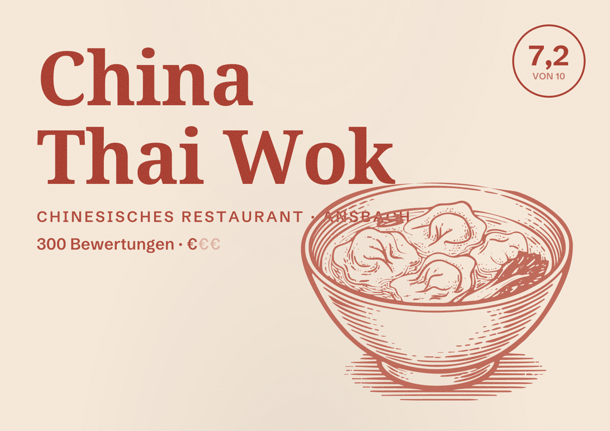 Illustriertes Poster von China Thai Wok, Chinesisches Restaurant in Ansbach: Bewertung 7,2 von 10 aus 300 Bewertungen, Preisniveau €