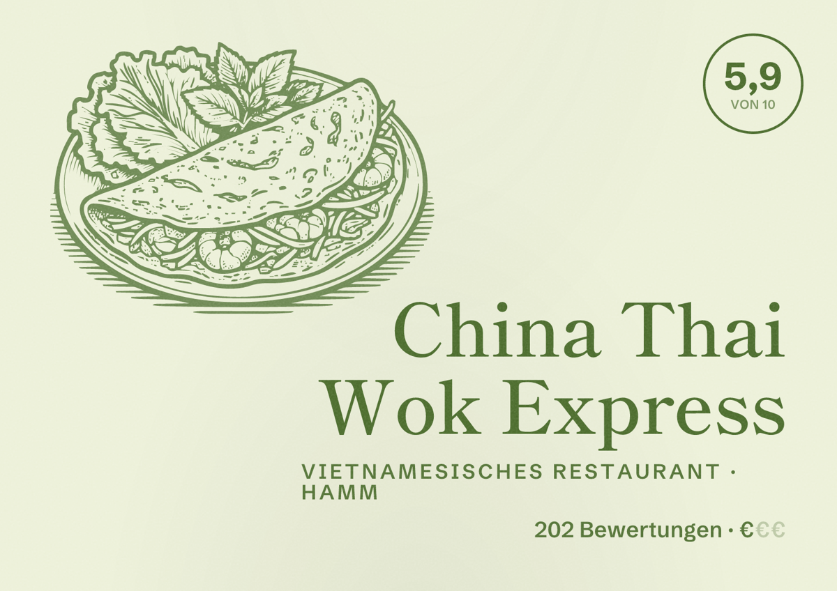 Illustriertes Poster von China Thai Wok Express, Vietnamesisches Restaurant in Hamm: Bewertung 5,9 von 10 aus 202 Bewertungen, Preisniveau €
