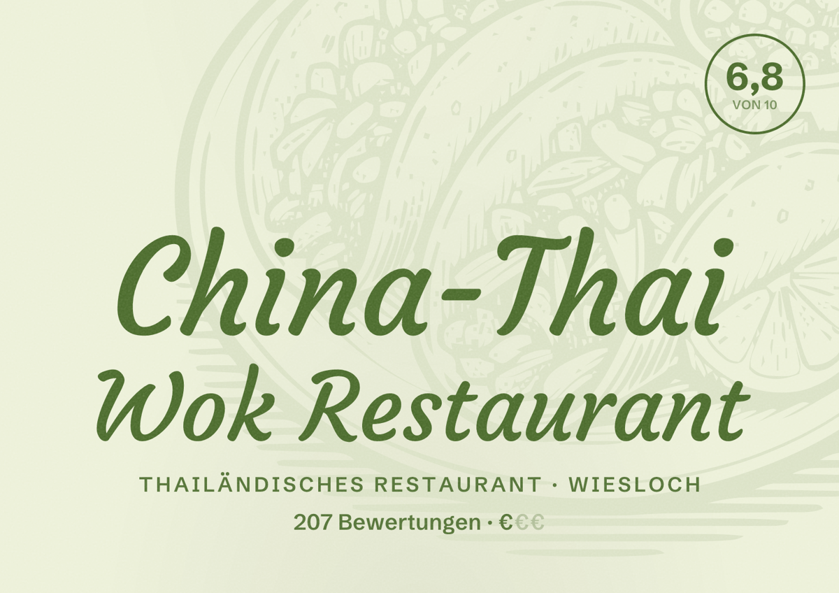 Illustriertes Poster von China-Thai Wok Restaurant, Thailändisches Restaurant in Wiesloch: Bewertung 6,8 von 10 aus 207 Bewertungen, Preisniveau €