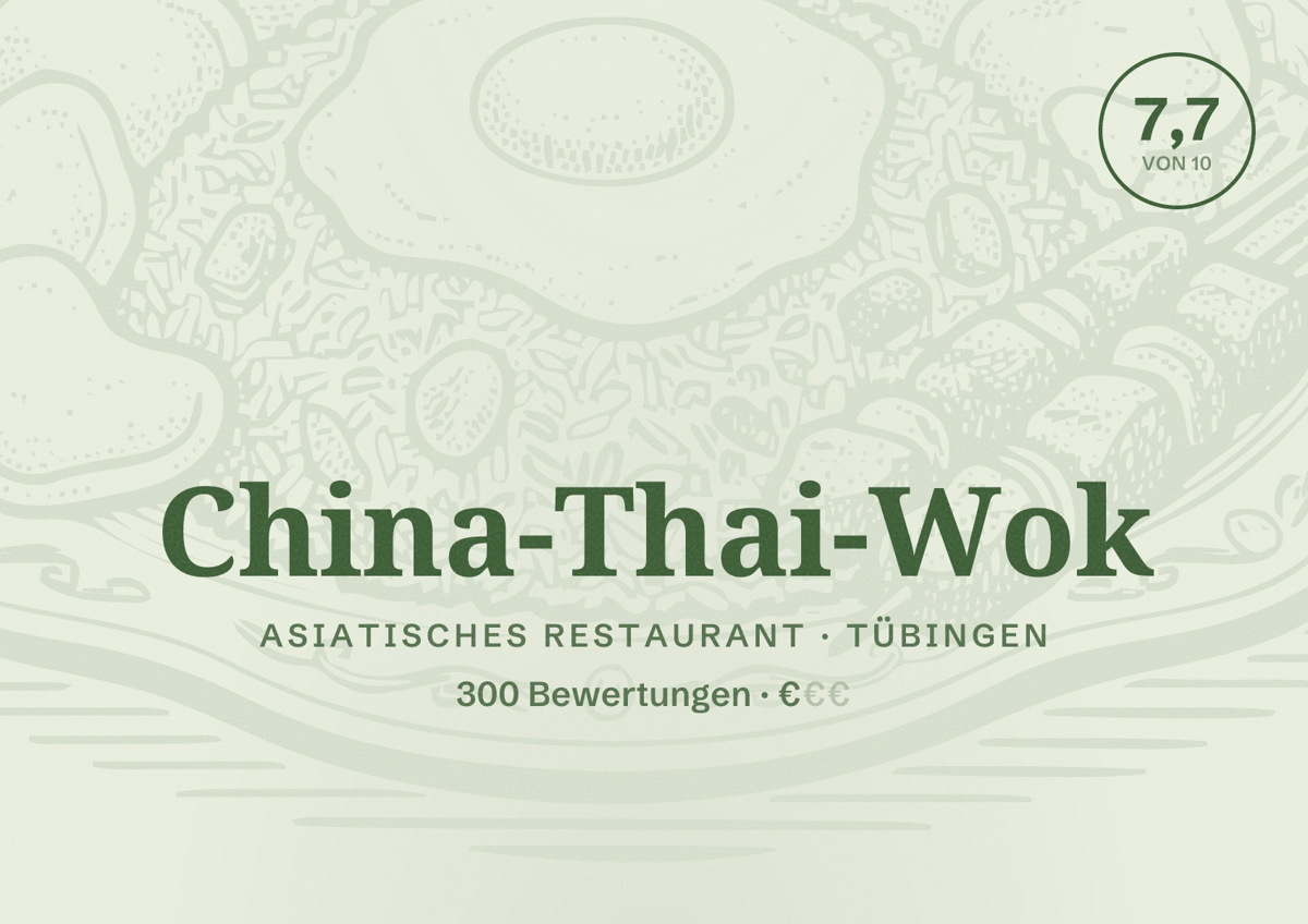 Illustriertes Poster von China-Thai-Wok, Asiatisches Restaurant in Tübingen: Bewertung 7,7 von 10 aus 300 Bewertungen, Preisniveau €