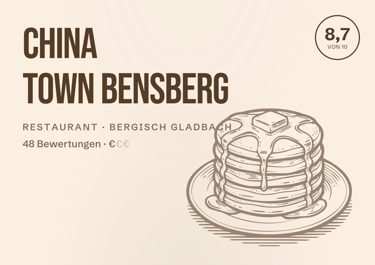 Illustriertes Poster von CHINA TOWN Bensberg, Restaurant in Bergisch Gladbach: Bewertung 8,7 von 10 aus 48 Bewertungen, Preisniveau €