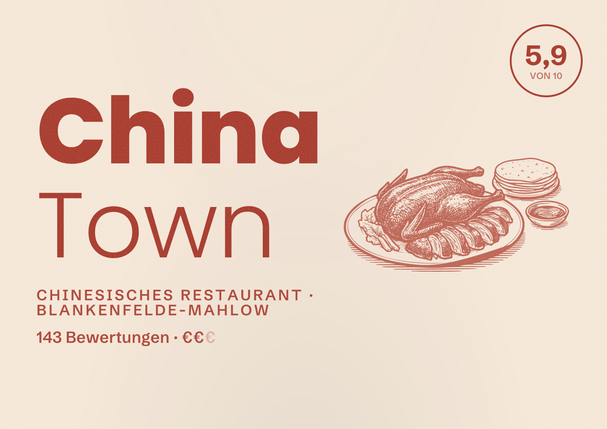 Illustriertes Poster von China Town, Chinesisches Restaurant in Blankenfelde-Mahlow: Bewertung 5,9 von 10 aus 143 Bewertungen, Preisniveau €€