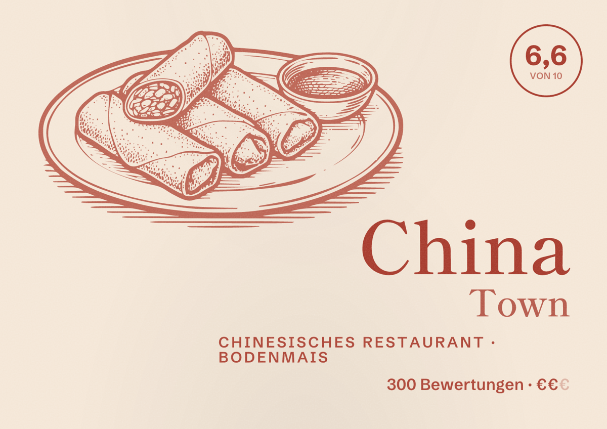 Illustriertes Poster von China Town, Chinesisches Restaurant in Bodenmais: Bewertung 6,6 von 10 aus 300 Bewertungen, Preisniveau €€