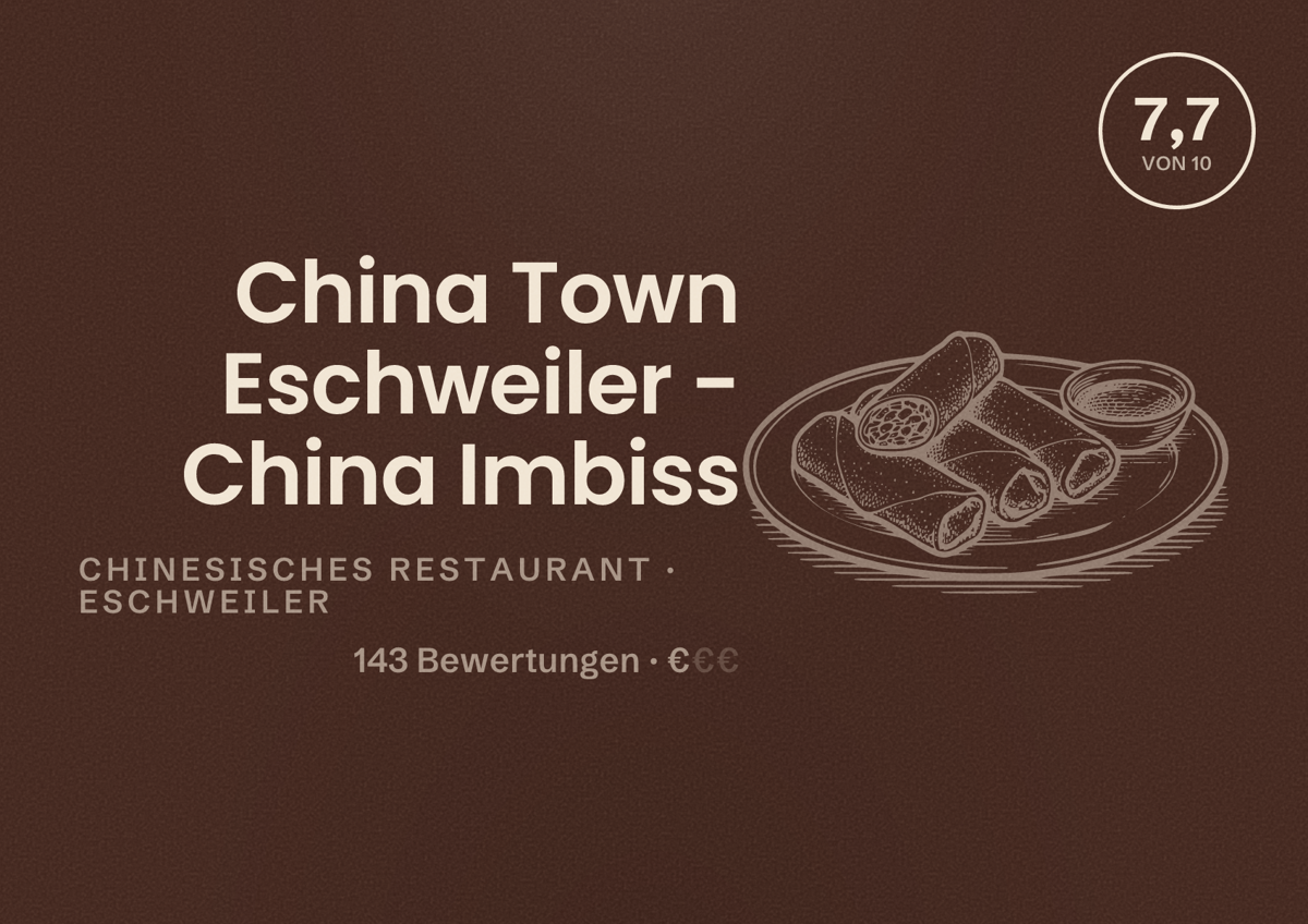 Illustriertes Poster von China Town Eschweiler - China Imbiss, Chinesisches Restaurant in Eschweiler: Bewertung 7,7 von 10 aus 143 Bewertungen, Preisniveau €