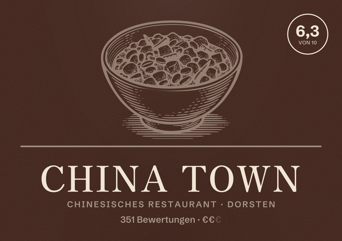 Illustriertes Poster von China Town, Chinesisches Restaurant in Dorsten: Bewertung 6,3 von 10 aus 351 Bewertungen, Preisniveau €€